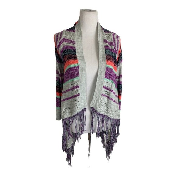 Exhilaration Womens Sweater Adult  XL (18) Gray Purple Fringe Stripes Open Front - Picture 1 of 7
